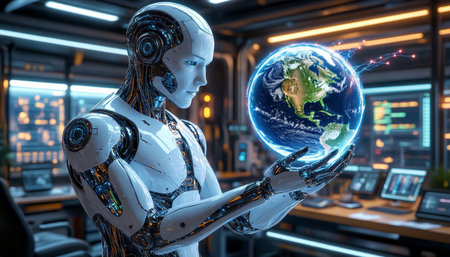 3d rendering humanoid robot holding planet earth in hand with blurred background