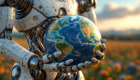3D rendering of a robot holding the planet earth in his handsの写真素材