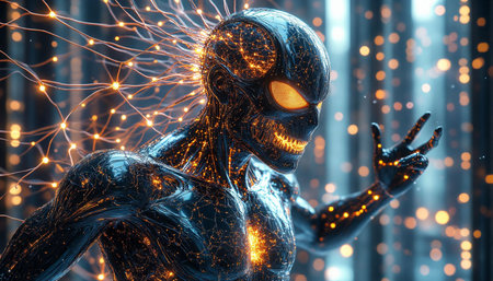 Cyborg woman with glowing wireframe background. 3D rendering.