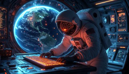 Astronaut working on a computer in space. Mixed media.の写真素材