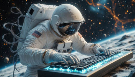 Astronaut typing on computer keyboard while standing on the planet.の写真素材