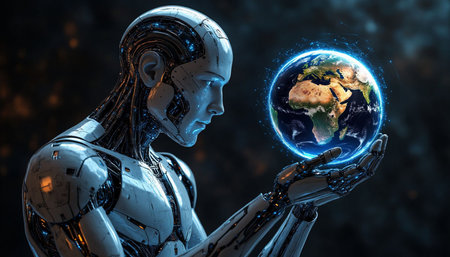 Cyborg woman holding Earth planet in her hands. 3D rendering