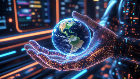 View of a Cyborg hand holding a glowing earth globe - 3d renderingの写真素材