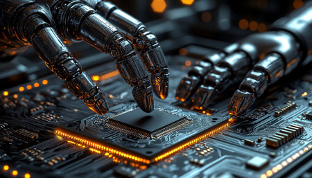 Close up view of a robotic hand working on a computer motherboard. 3D rendering.