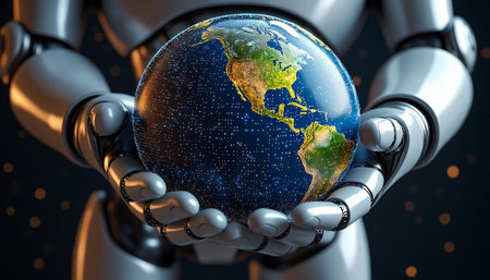 3D rendering humanoid robot hand holding earth globe with continents on dark background