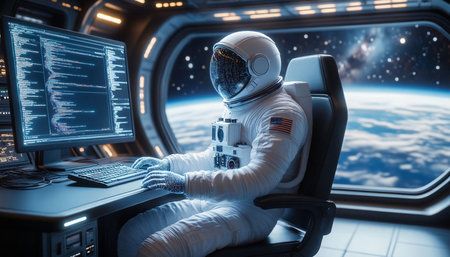 Astronaut in space working on his laptop. 3D rendering