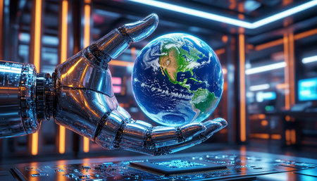 3D rendering robot hand holding Earth globe. Elements of this image furnished by NASAの写真素材