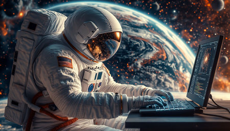 Astronaut working on laptop computer. Mixed media. Mixed media