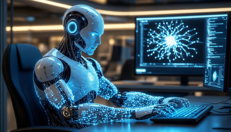 Cyborg woman typing on computer keyboard in office 3D rendering.