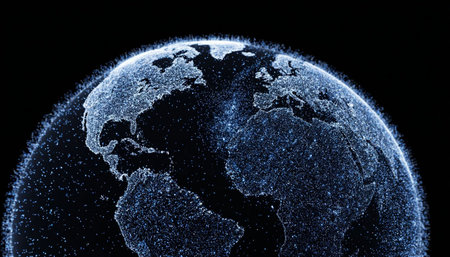 Earth planet on dark background with glowing stars. 3d illustration.の写真素材