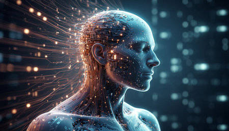 3D rendering of a female cyborg with digital brain on dark backgroundの写真素材