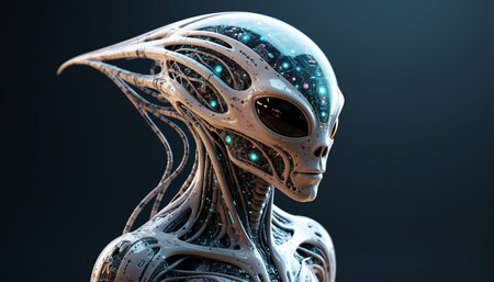 3d rendering of futuristic robot with glowing lights on a dark backgroundの写真素材