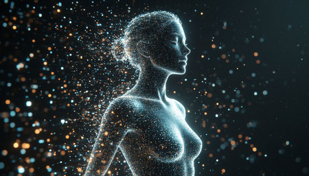 3D Illustration of a Female Body Model made of Particlesの写真素材