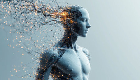 Digital composite of 3D woman with glowing brain against blue and white background