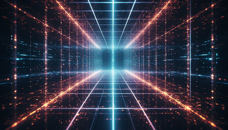 3D rendering of abstract technology concept background. Futuristic glowing wireframe tunnel.