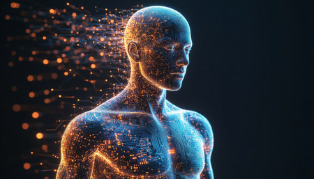 3D Illustration of a Human Body Model with Particles on a Backgroundの写真素材
