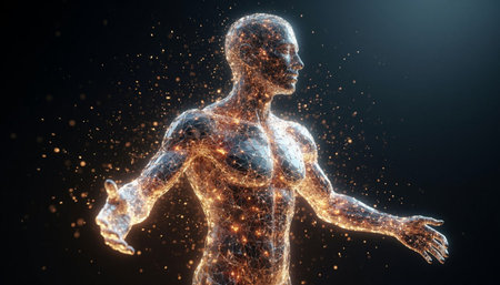 Digital image of human body made of glowing particles. 3D renderingの写真素材