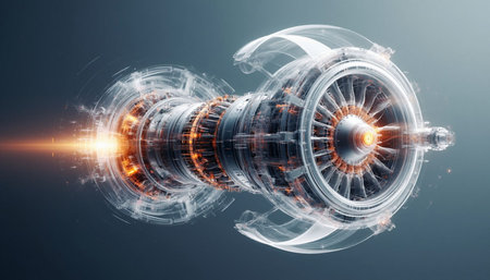Futuristic jet engine on dark background 3D rendering elements of this image furnished by NASAの写真素材