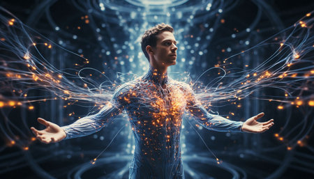 Man in virtual space. Mixed media.の写真素材