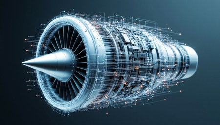 3d rendering of a jet engine on a dark blue background.の写真素材