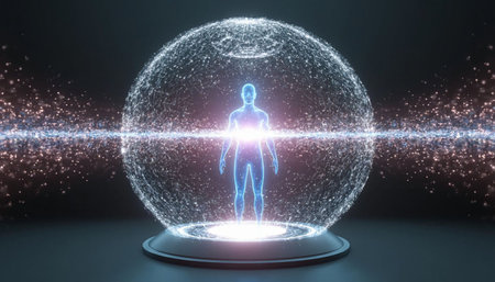 Digital hologram of a human figure in a crystal ball. 3D renderingの写真素材