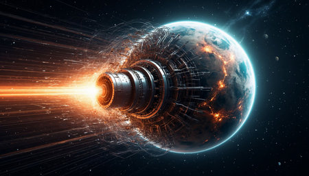 3D rendering of a planet in outer space with an engine.の写真素材