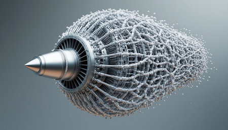 3d rendering of a jet engine made of wireframe spheres.の写真素材