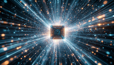3D rendering of a computer processor in the space with light rays
