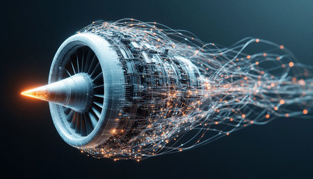 3D rendering of an airplane jet engine isolated on a dark background