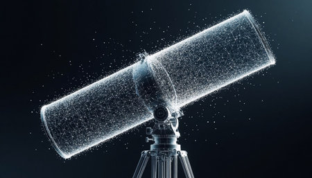 Telescope with digital particles on a black background. 3d renderingの写真素材