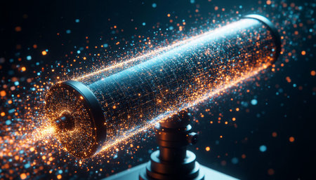 Microphone with glowing particles on dark background. 3d rendering toned imageの写真素材