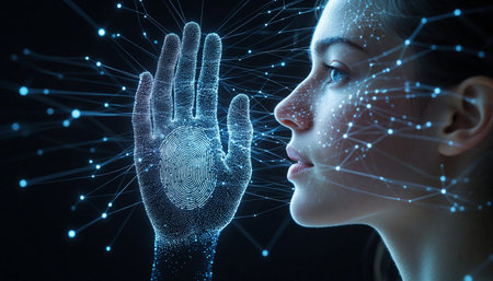 Young woman touching hologram screen with finger print. 3d rendering