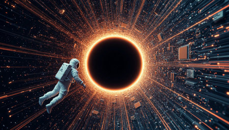 Astronaut in space suit running in the center of a luminous planet.の写真素材