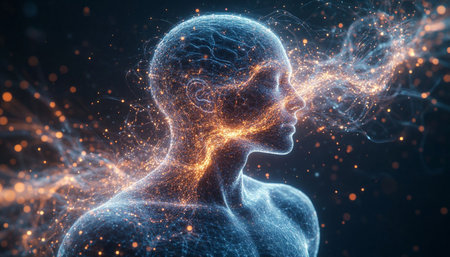 3d illustration of human head with digital connection lines on dark background