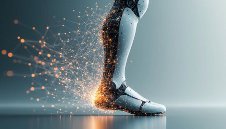3d rendering of female robot leg with glowing particles on gray backgroundの写真素材