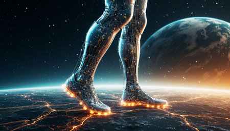 Cyborg female legs on planet surface. 3D rendering with DOF