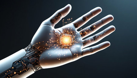 3d rendering robot hand with circuit board on dark background, artificial intelligence conceptの写真素材