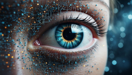 Close up of female eye with digital circuit concept. 3D renderingの写真素材
