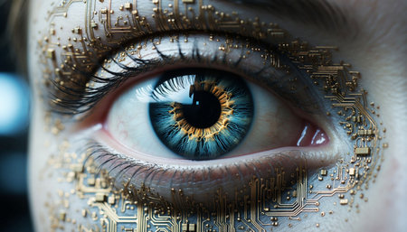 Close up view of human eye with circuit board. Artificial intelligence conceptの写真素材