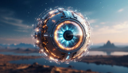 Cyborg eye on blurred background 3D rendering. Virtual reality conceptの写真素材