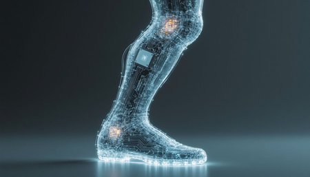 Digital composite of 3D prosthetic leg with light on black background