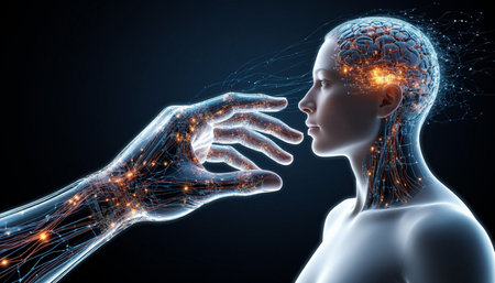 3d rendering of a female cyborg touching a digital human brain