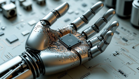 3d rendering robotic hand with microchip on circuit board closeupの写真素材