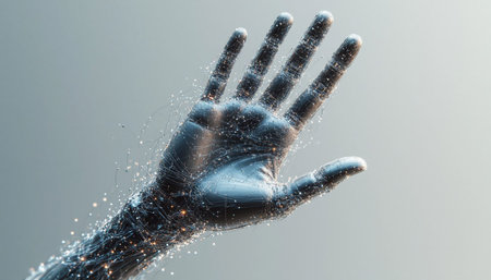 3D rendering of futuristic robot hand touching screen isolated on gray background