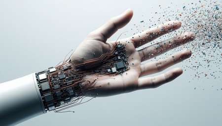 Close up of robot hand gesturing with crumbs on light background