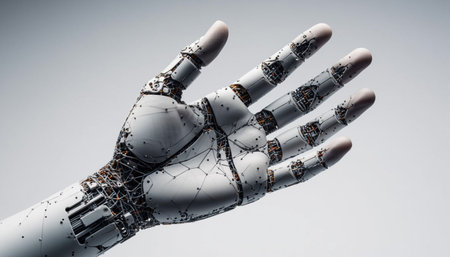 Close up of female robot hand gesturing on gray background. 3D rendering