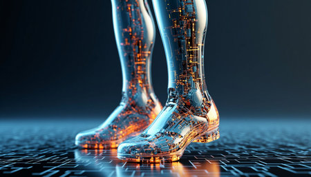 3d rendering of human legs in futuristic cyberspace on dark background