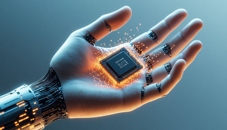 Robot hand holding a microprocessor in front of a blue background