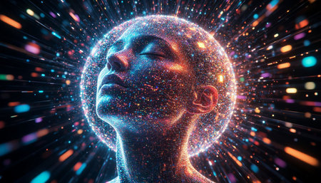 Double exposure of human head and universe. Concept of science and technology.の写真素材