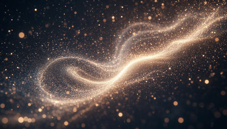 Abstract golden particles wave with bokeh light effect on dark background